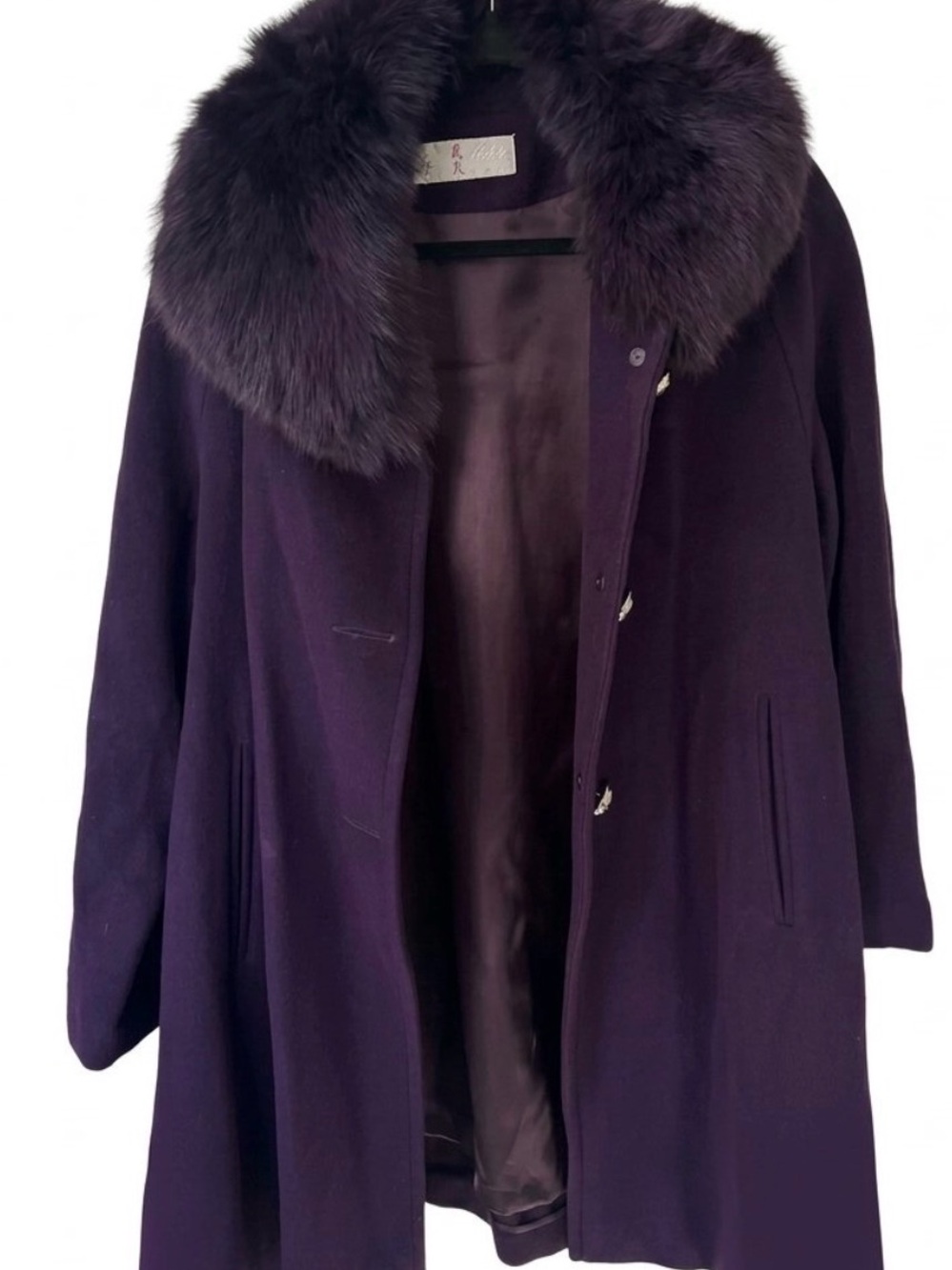 Vintage Purple Plum Fox Fur Collar Swing Coat Womens Large L Wool Cashmere Blend